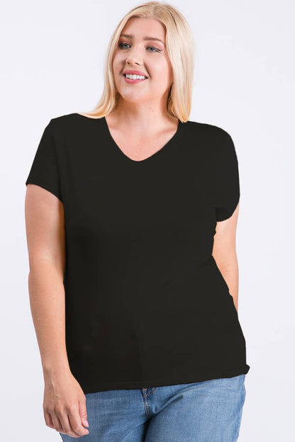 Plus Size V Neck Basic Short Sleeve Solid Tee Cotton Top