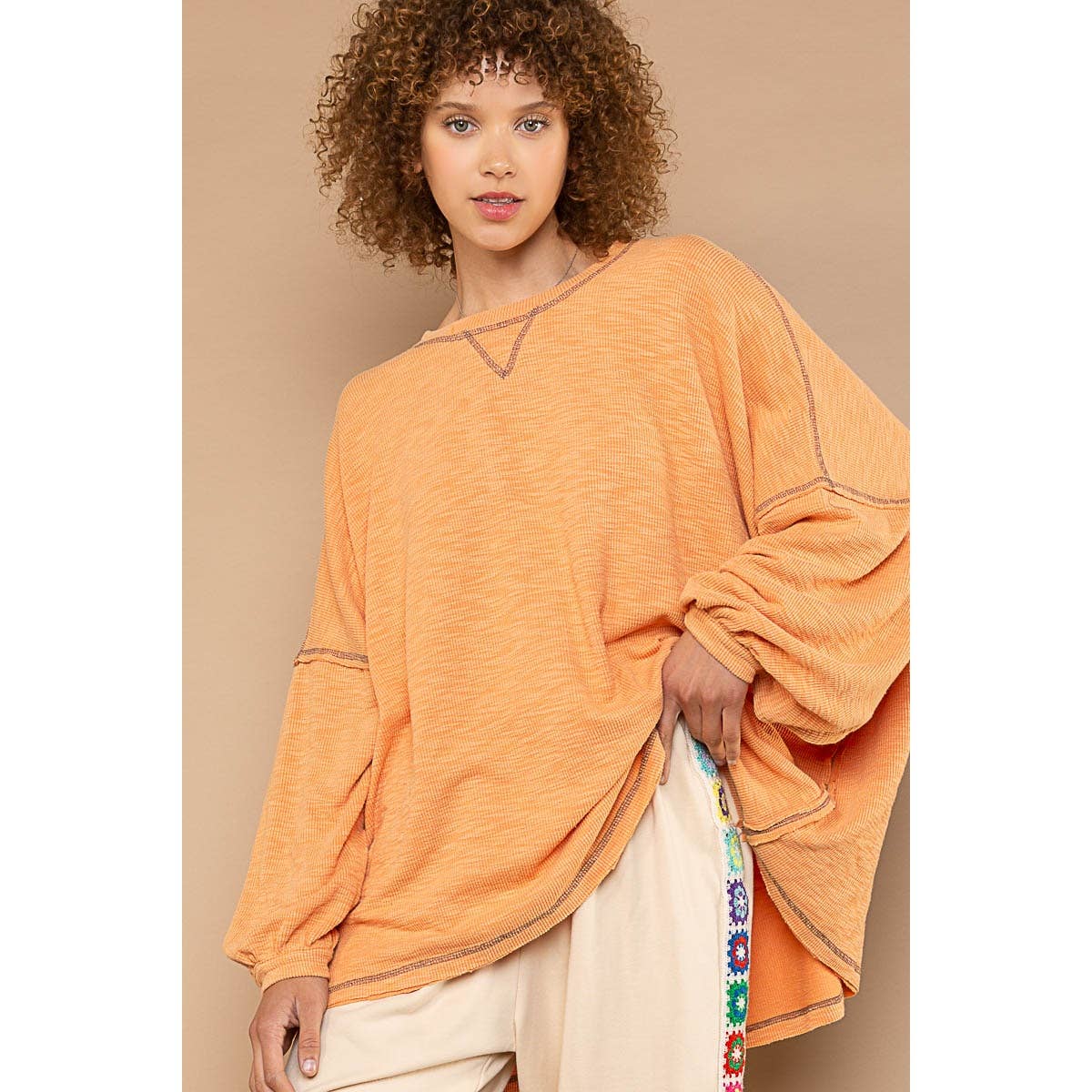 Round neck long sleeve overlock detail knit top SALE