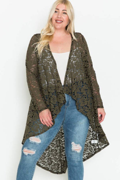 Plus Size Floral Lace Ruffle Long Sleeve Maxi Cardigan