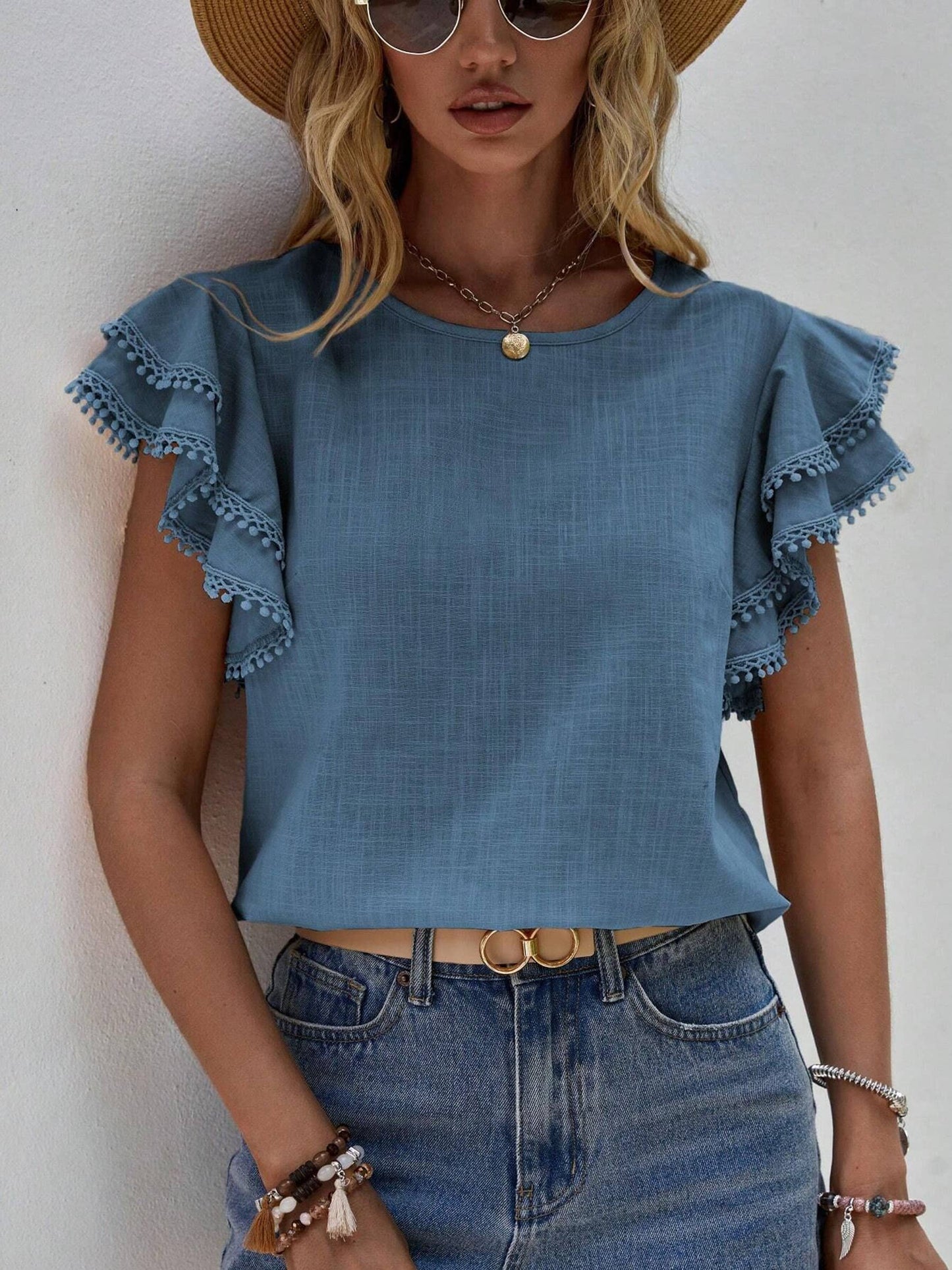 Round Neck Loose Ruffle Short Sleeved Top For Women