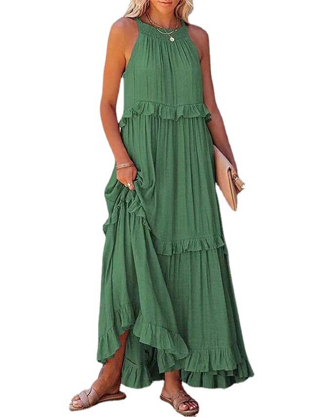 Ladies Bohemia Round Neck Plicated Daily Maxi Dress SKD23119