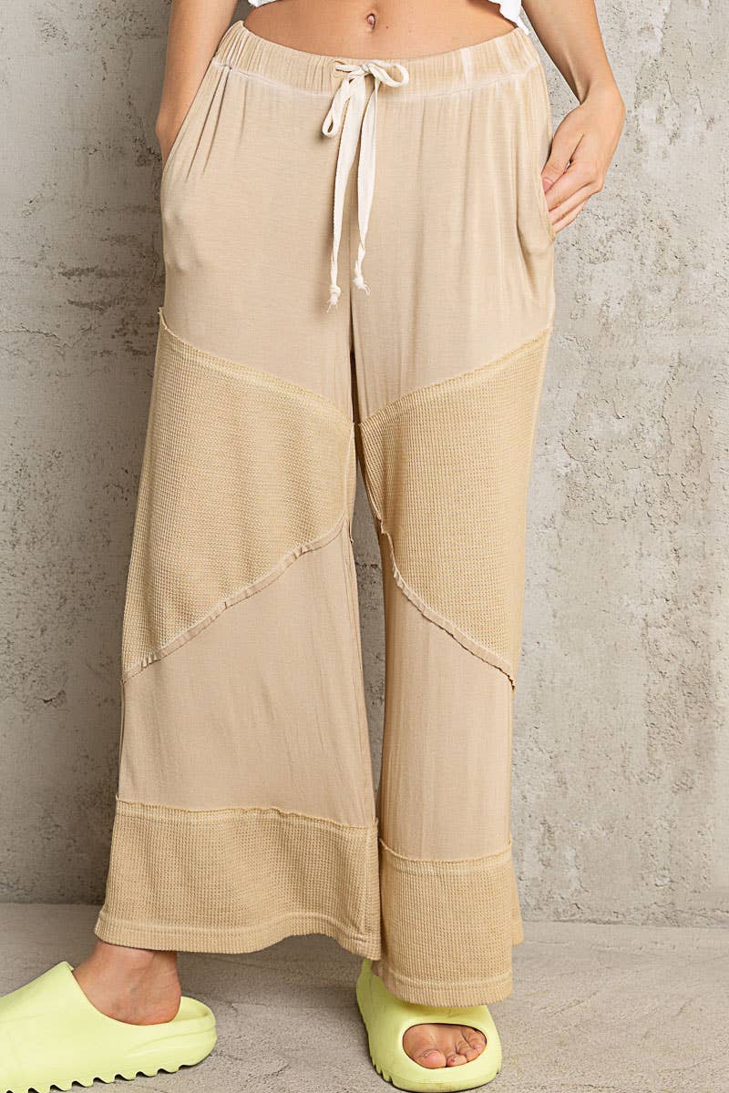 Contrast ribbed elastic waist casual knit culottes pants