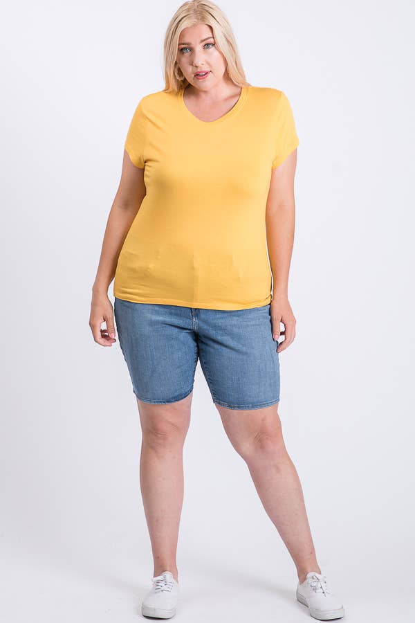 Plus Size V Neck Basic Short Sleeve Solid Tee Cotton Top