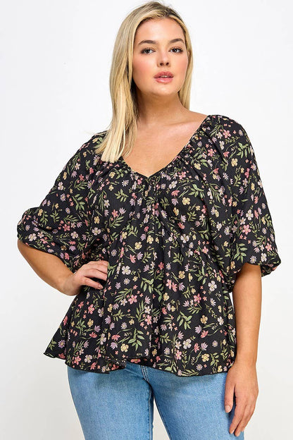 Plus Size Floral Babydoll Ballon Slv Top NK18349-T