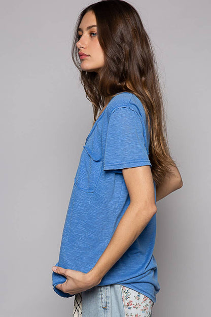 Scoop neck rayon slub pocket front short sleeve tee SALE