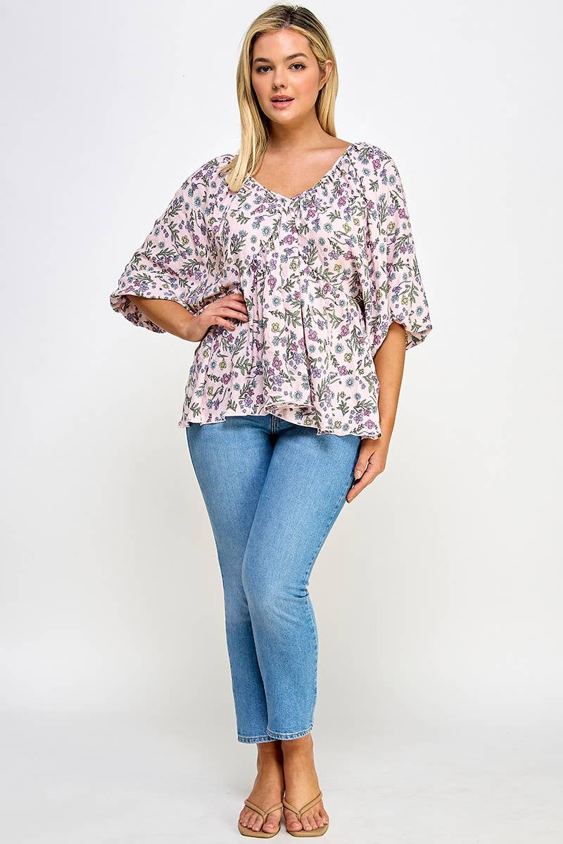 Plus Size Floral Babydoll Ballon Slv Top NK18349-T