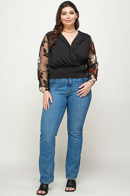 Plus Size Floral Embroidered Sleeve Wrap Top KY17860-4T