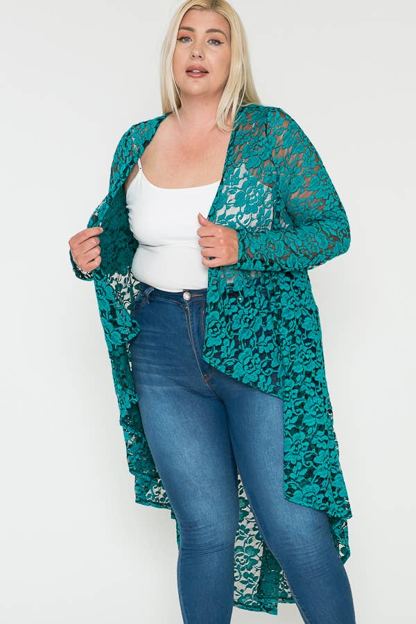 Plus Size Floral Lace Ruffle Long Sleeve Maxi Cardigan