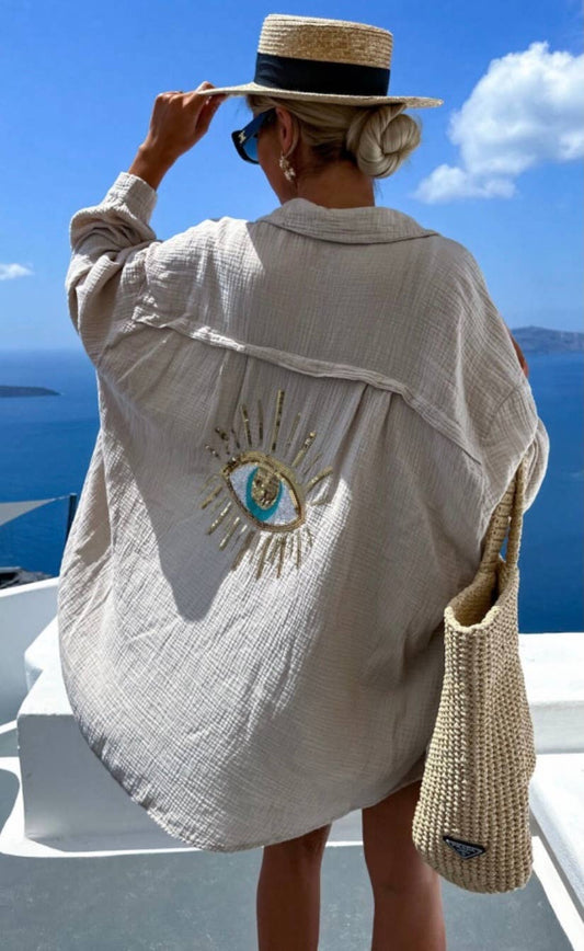 E2 Beige Oversized Evil Eye Gauze Cotton  Button Shirt